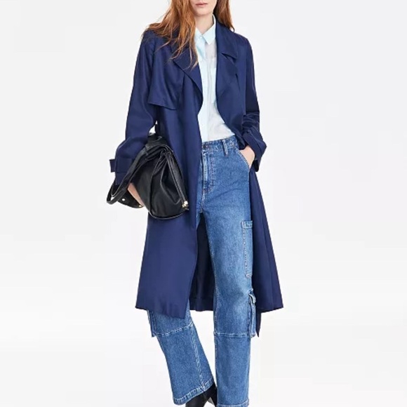 Navy Blue Trench Coat with Belted Waist and Long Silhouette - Picture 2 of 11